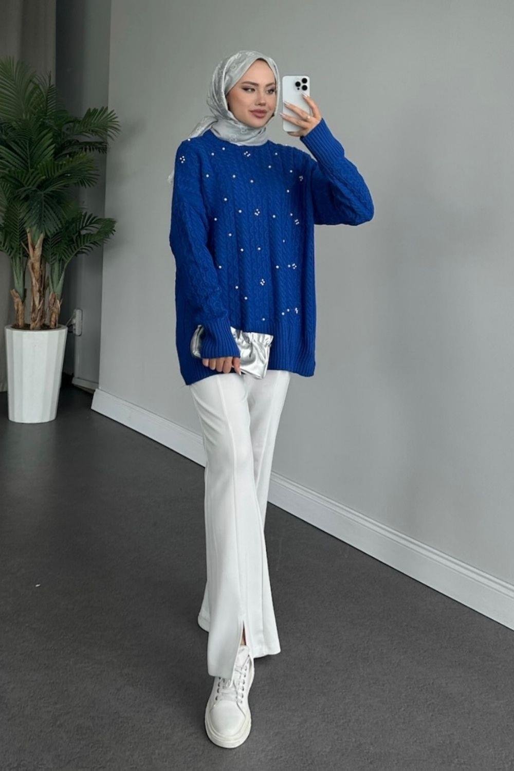 İncili Triko Kazak Saks 8773 