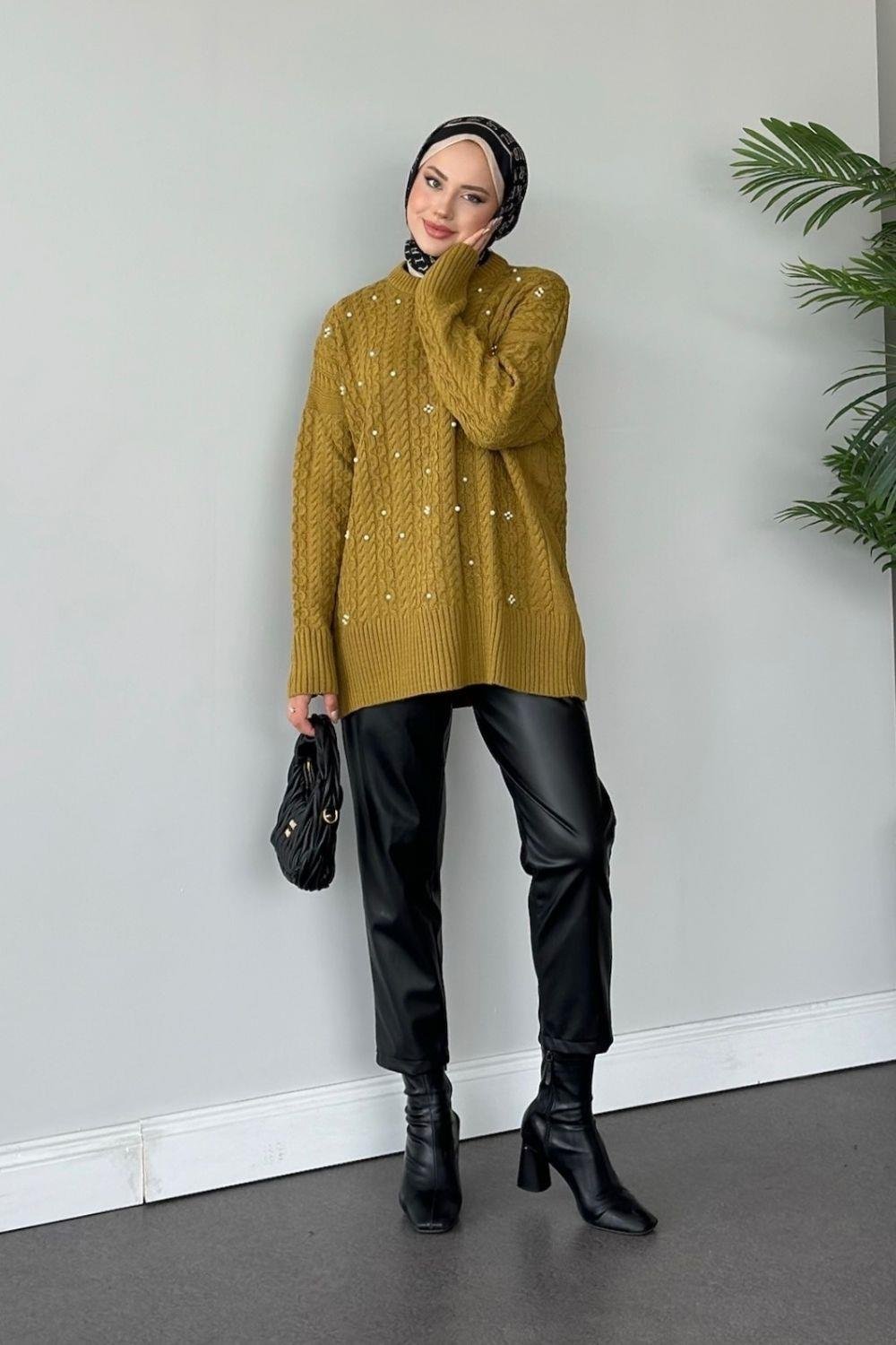 İncili Triko Kazak Yağ Yeşili 8773 