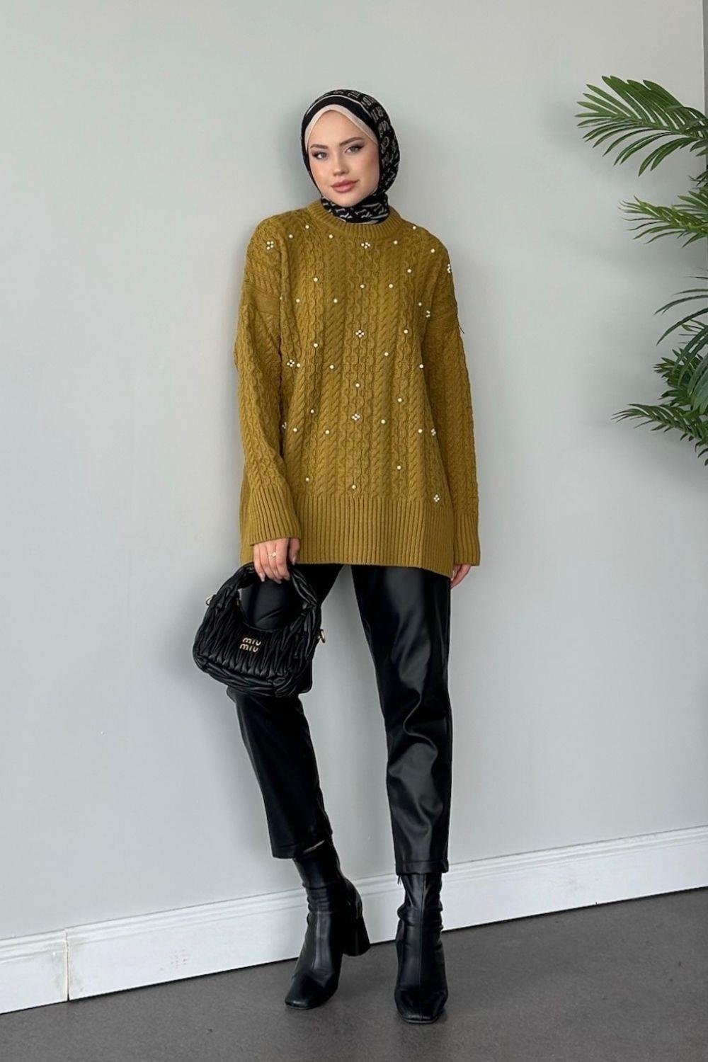 İncili Triko Kazak Yağ Yeşili 8773 