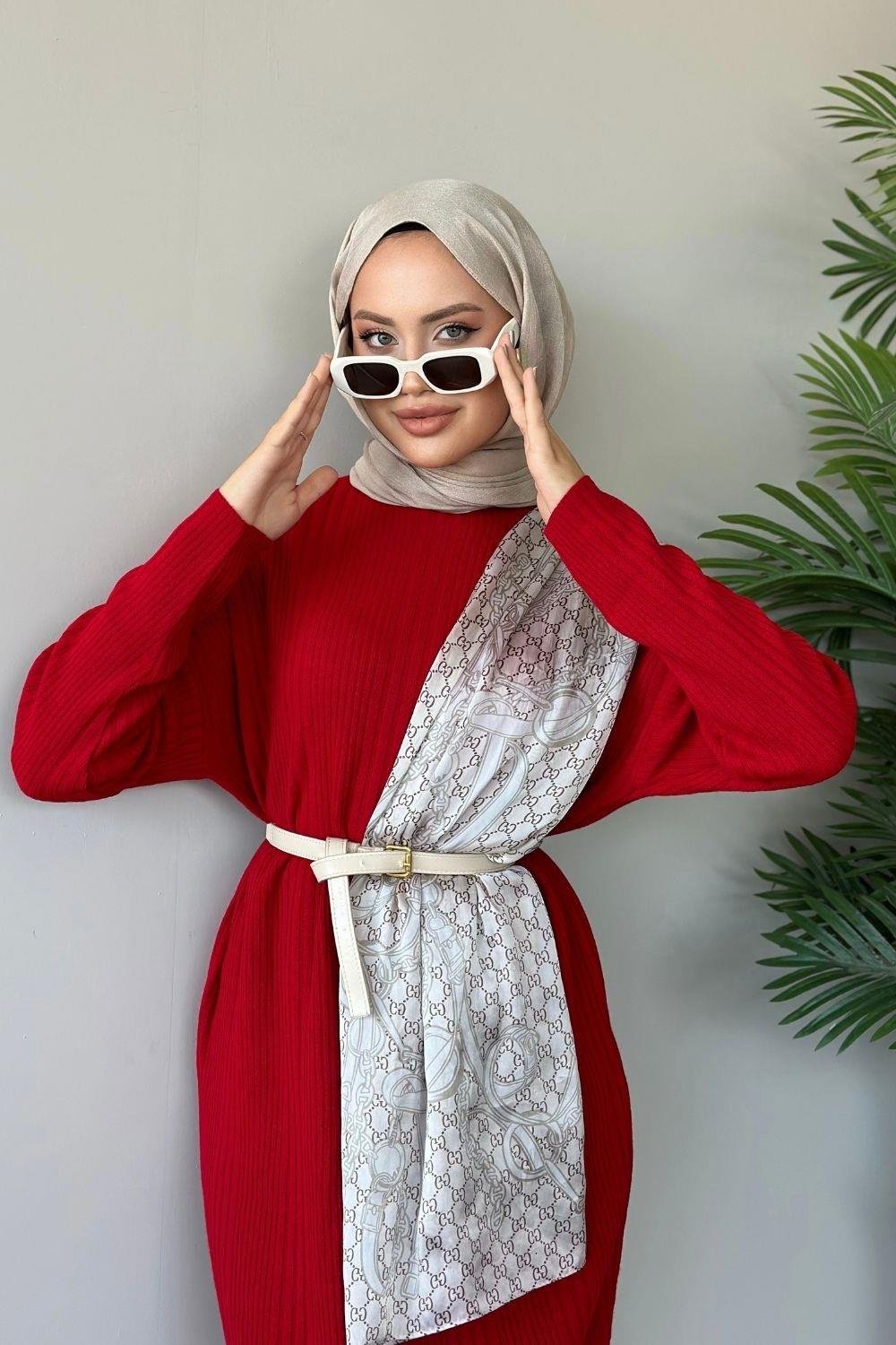 فستان قصير منسوج باللون الأحمر الداكن 8787 