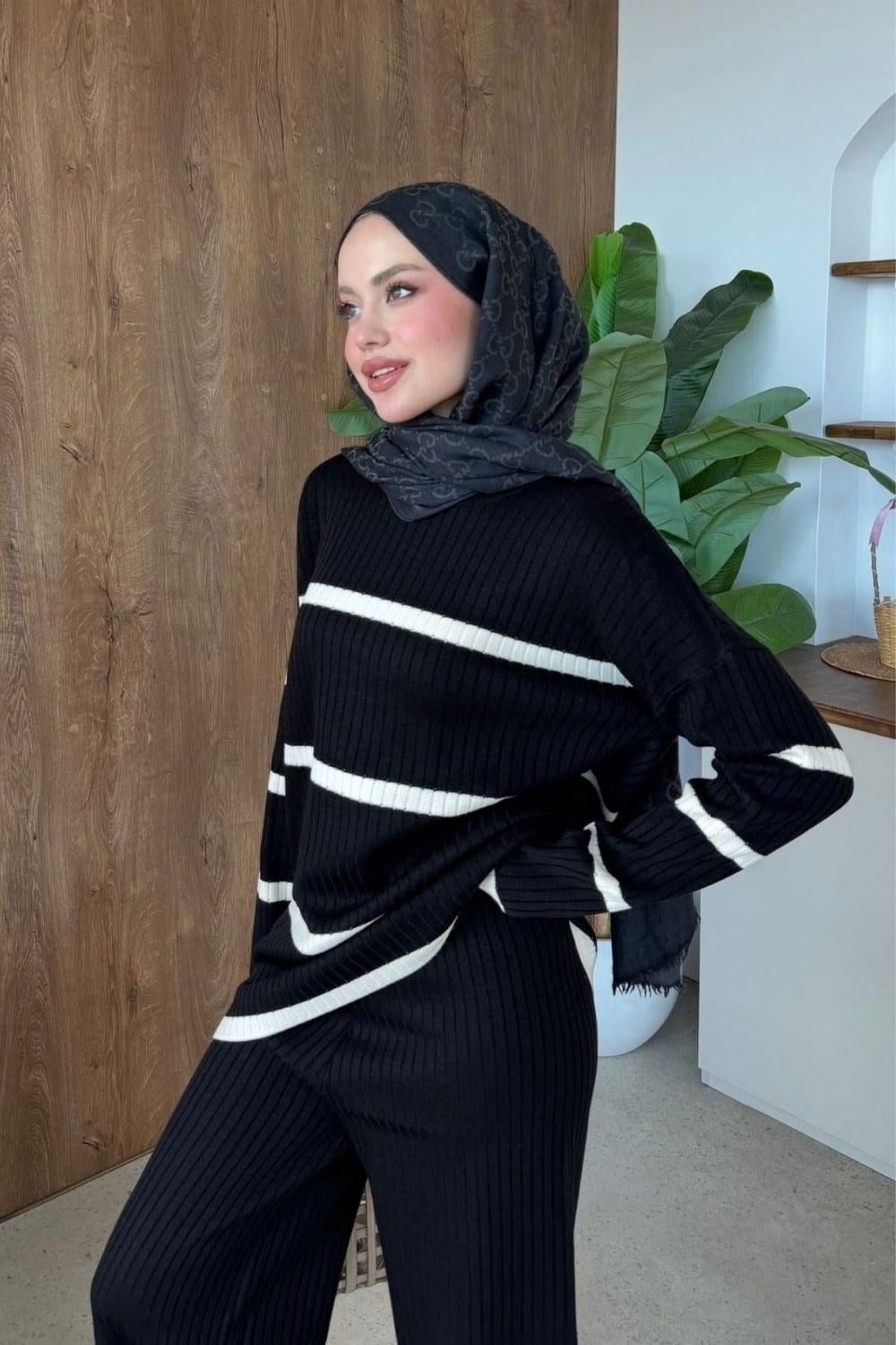 İki Renkli Triko Takım Siyah 8887 