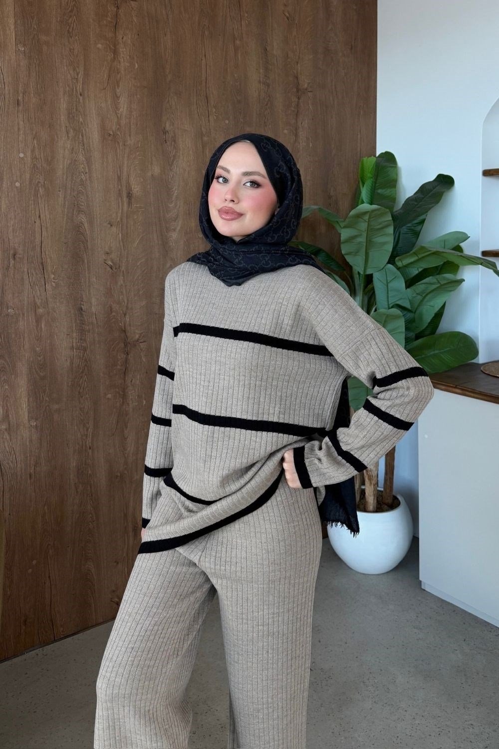 İki Renkli Triko Takım Vizon 8887 