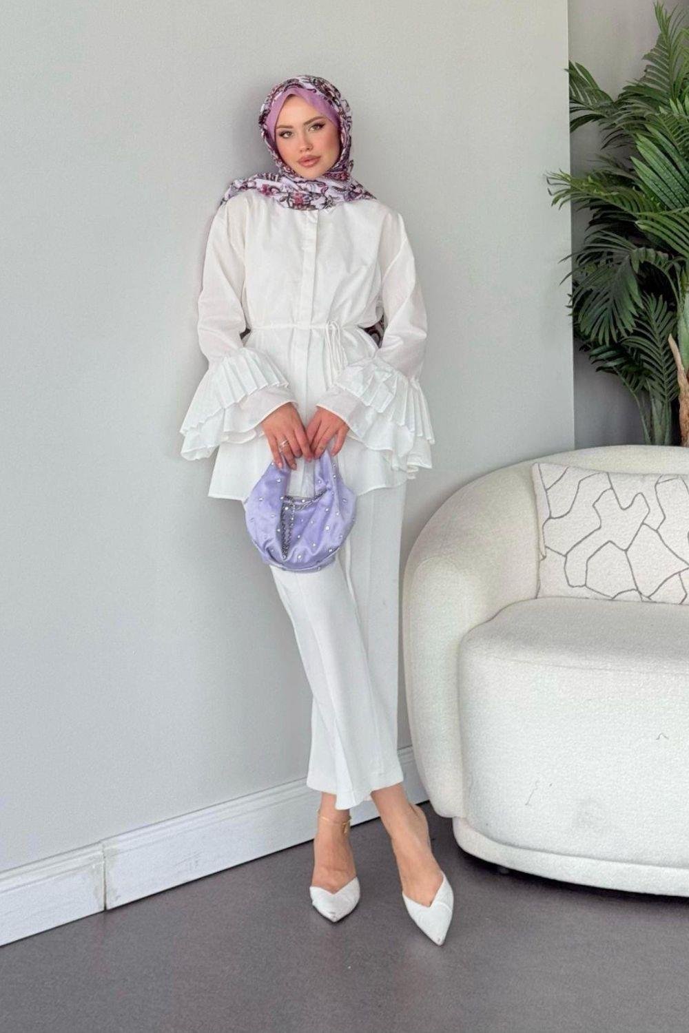 Kolu Piliseli Uzun Gömlek Beyaz 8973 