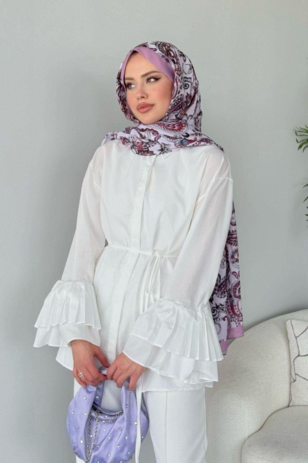 Kolu Piliseli Uzun Gömlek Beyaz 8973 