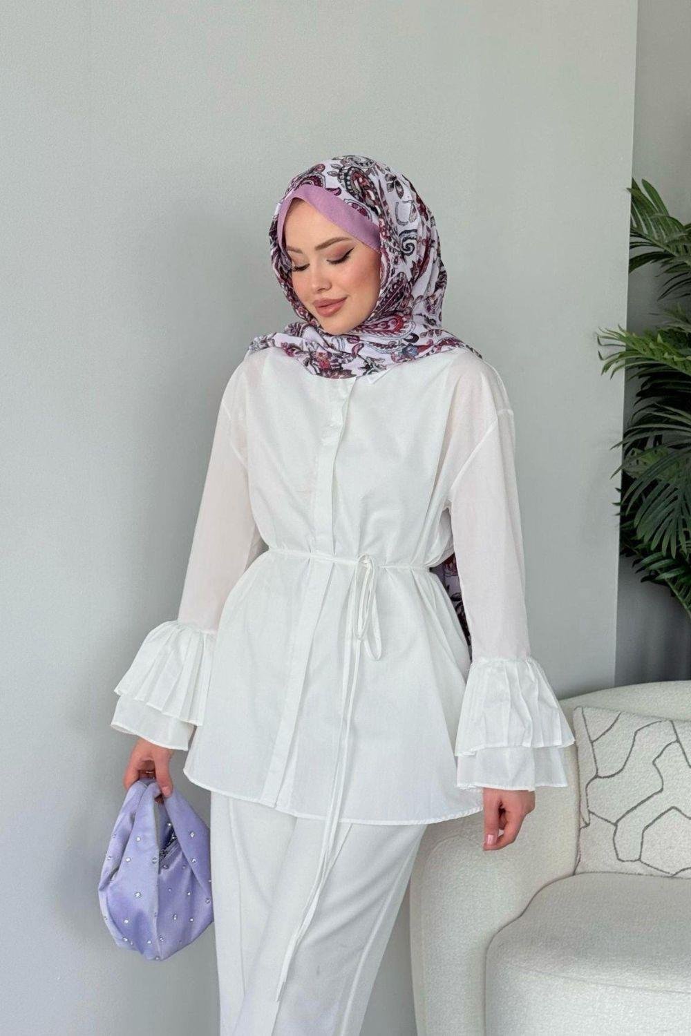 Kolu Piliseli Uzun Gömlek Beyaz 8973 