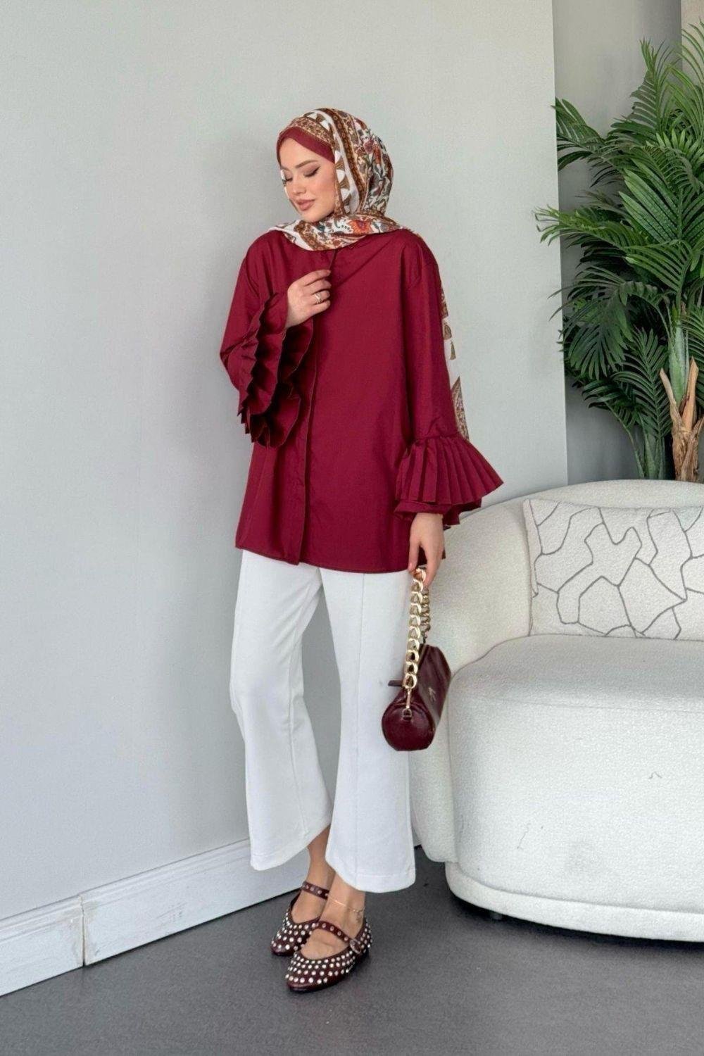 Kolu Piliseli Uzun Gömlek Bordo 8973 