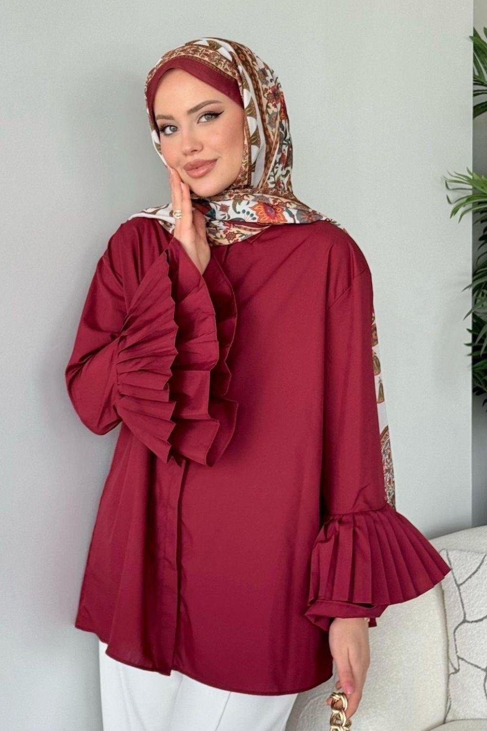 Kolu Piliseli Uzun Gömlek Bordo 8973 