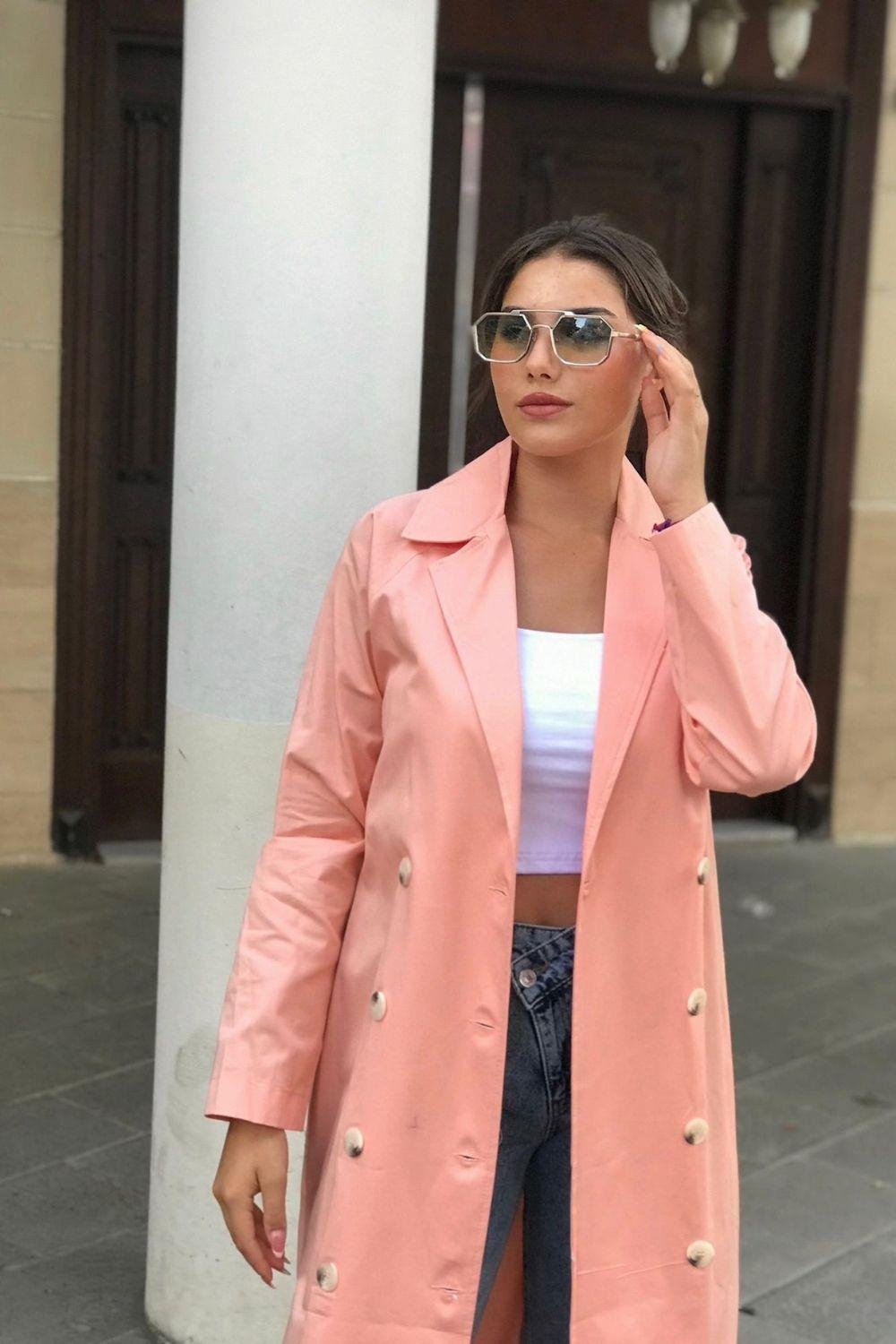 Uzun Düğmeli Trençkot Pembe 92920 