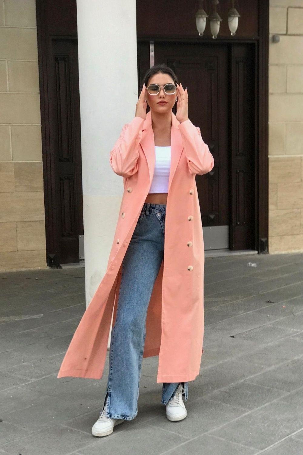 Uzun Düğmeli Trençkot Pembe 92920 