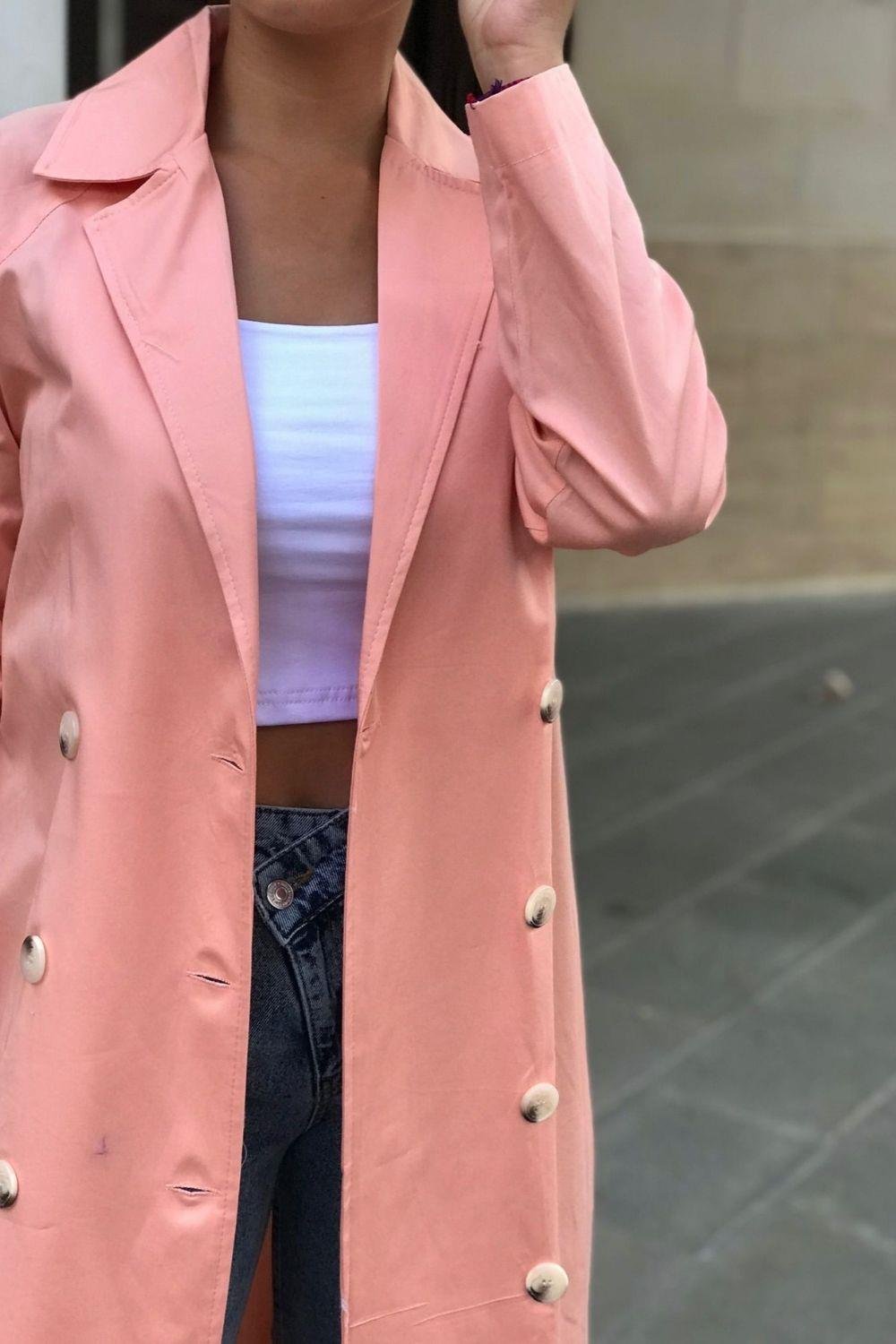 Uzun Düğmeli Trençkot Pembe 92920 
