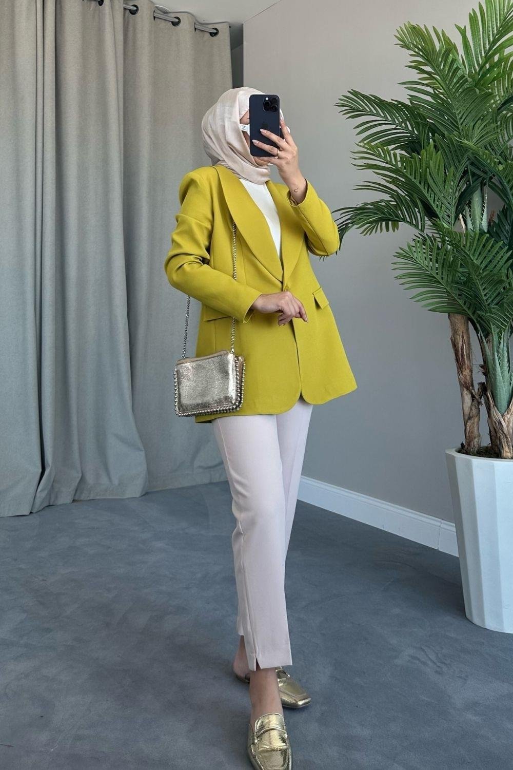 Tek Düğmeli Blazer Ceket Yağ Yeşili 9295 