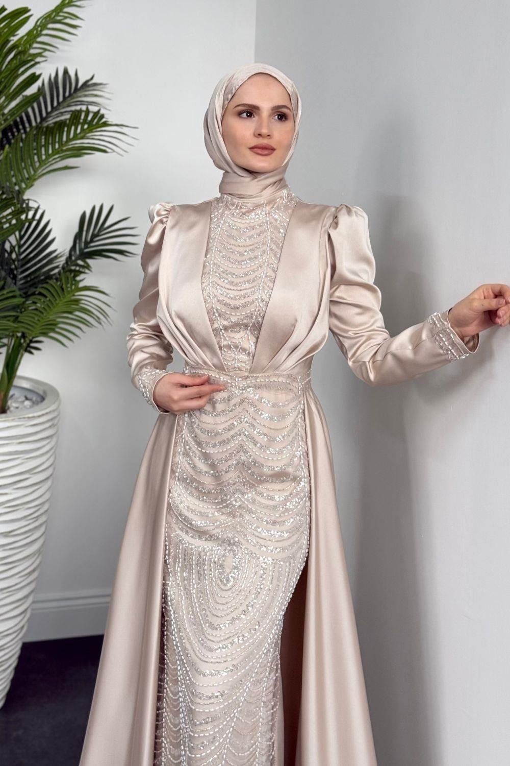 Pelerinli Saten Abiye Bej 9399 