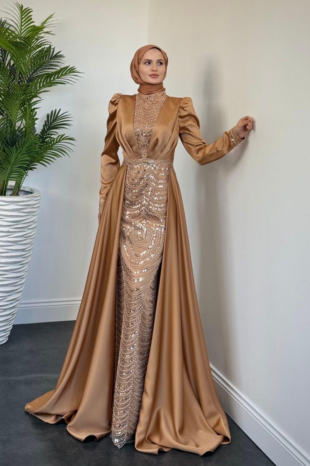 Pelerinli Saten Abiye Camel 9399 