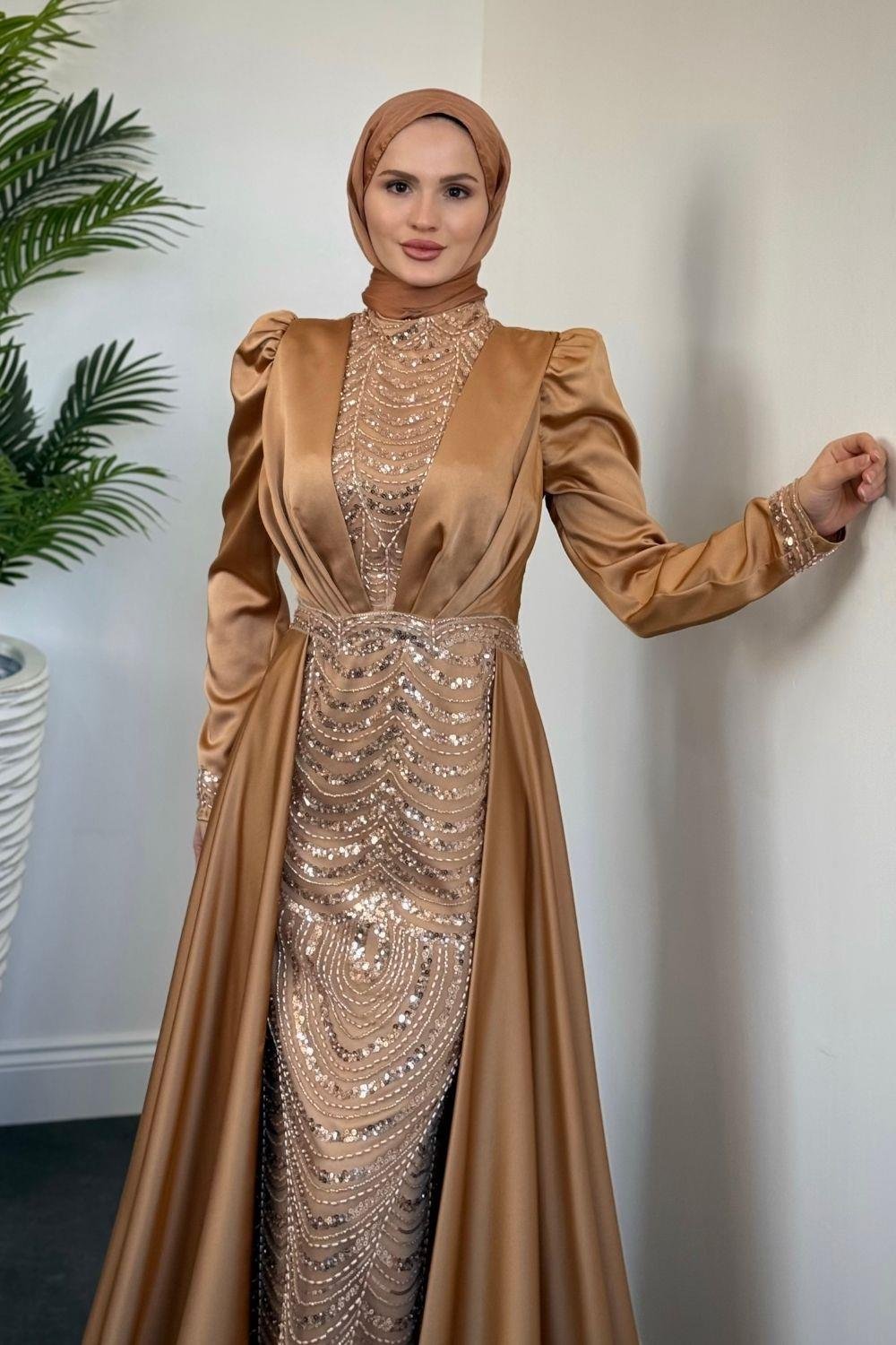 Pelerinli Saten Abiye Camel 9399 