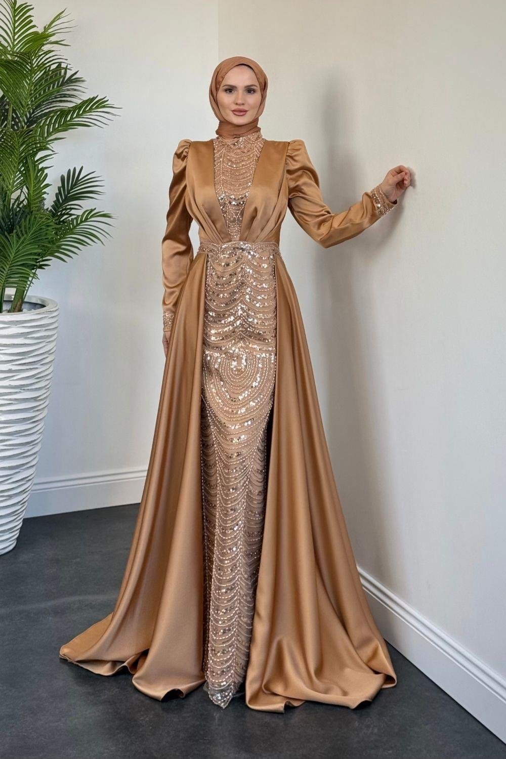 Pelerinli Saten Abiye Camel 9399 