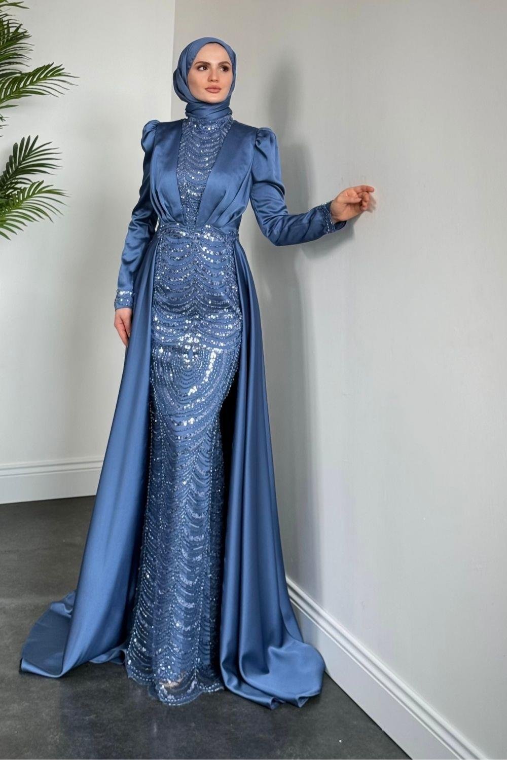 Pelerinli Saten Abiye İndigo 9399 