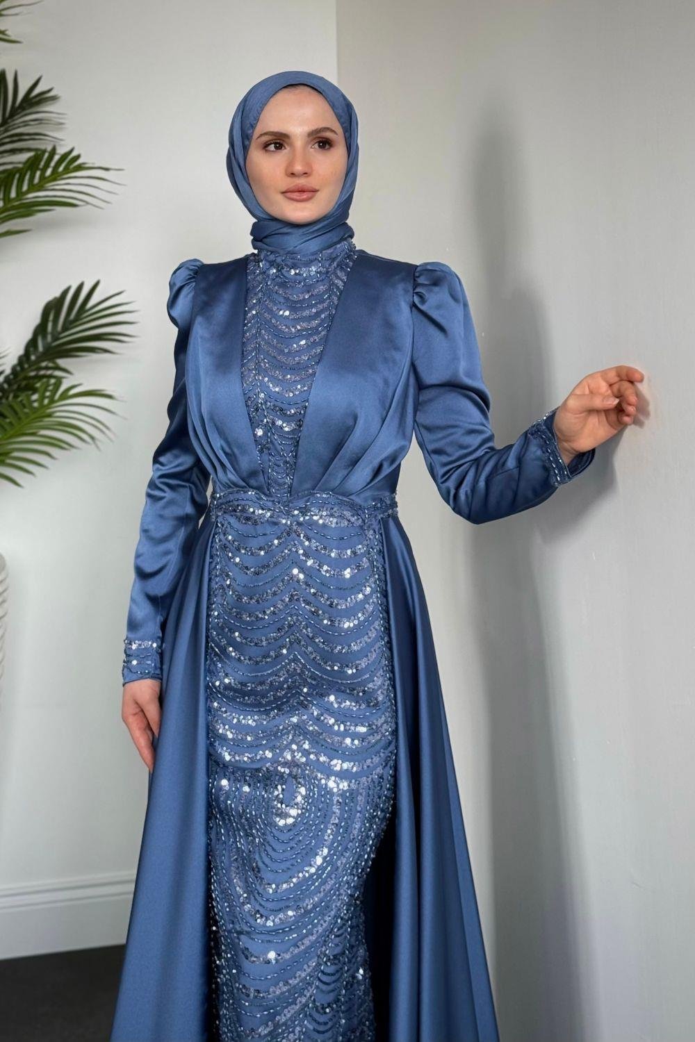 Pelerinli Saten Abiye İndigo 9399 