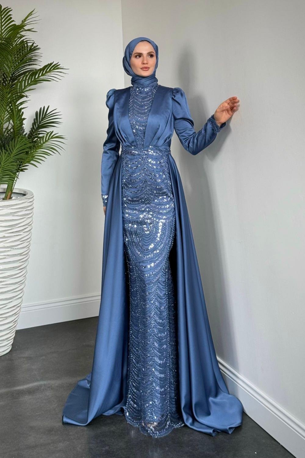 Pelerinli Saten Abiye İndigo 9399 