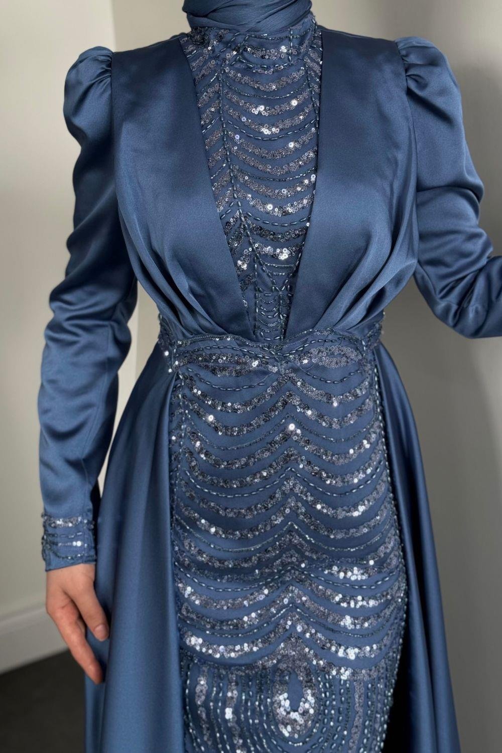 Pelerinli Saten Abiye İndigo 9399 