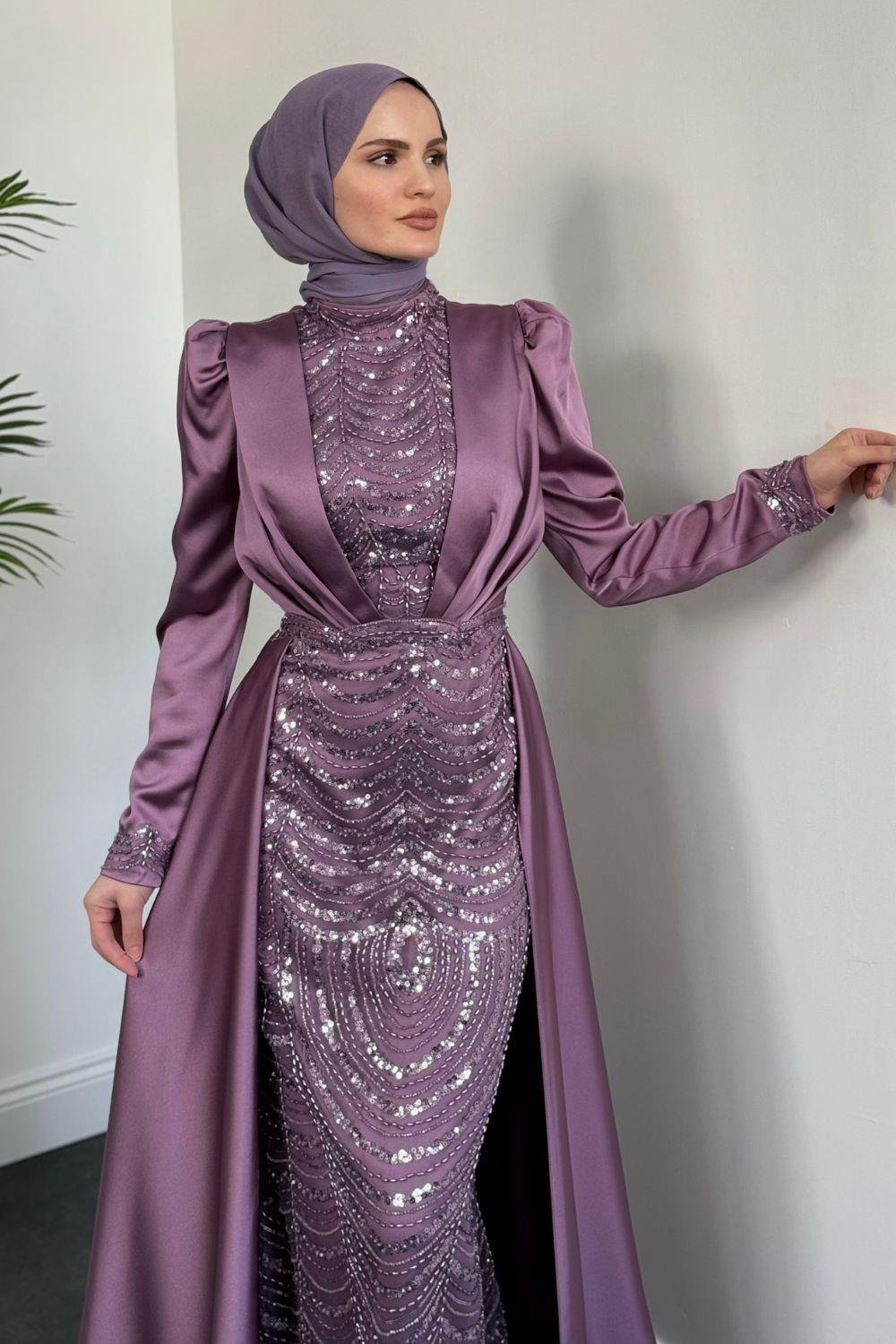 Pelerinli Saten Abiye Lila 9399 