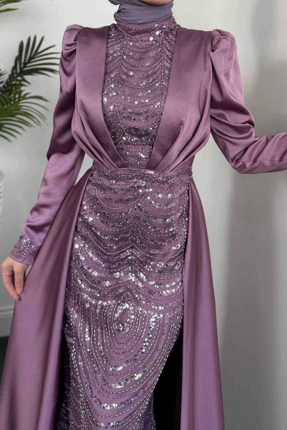 Pelerinli Saten Abiye Lila 9399 