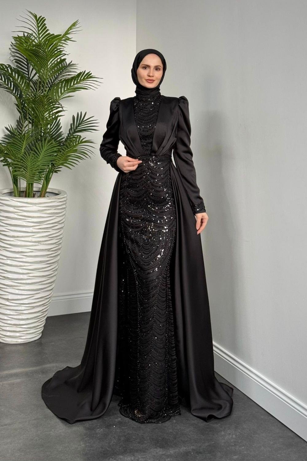 Pelerinli Saten Abiye Siyah 9399 
