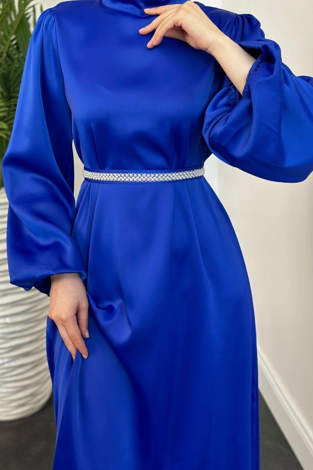 Almina Kemeri İncili Saten Abiye Saks 9545 