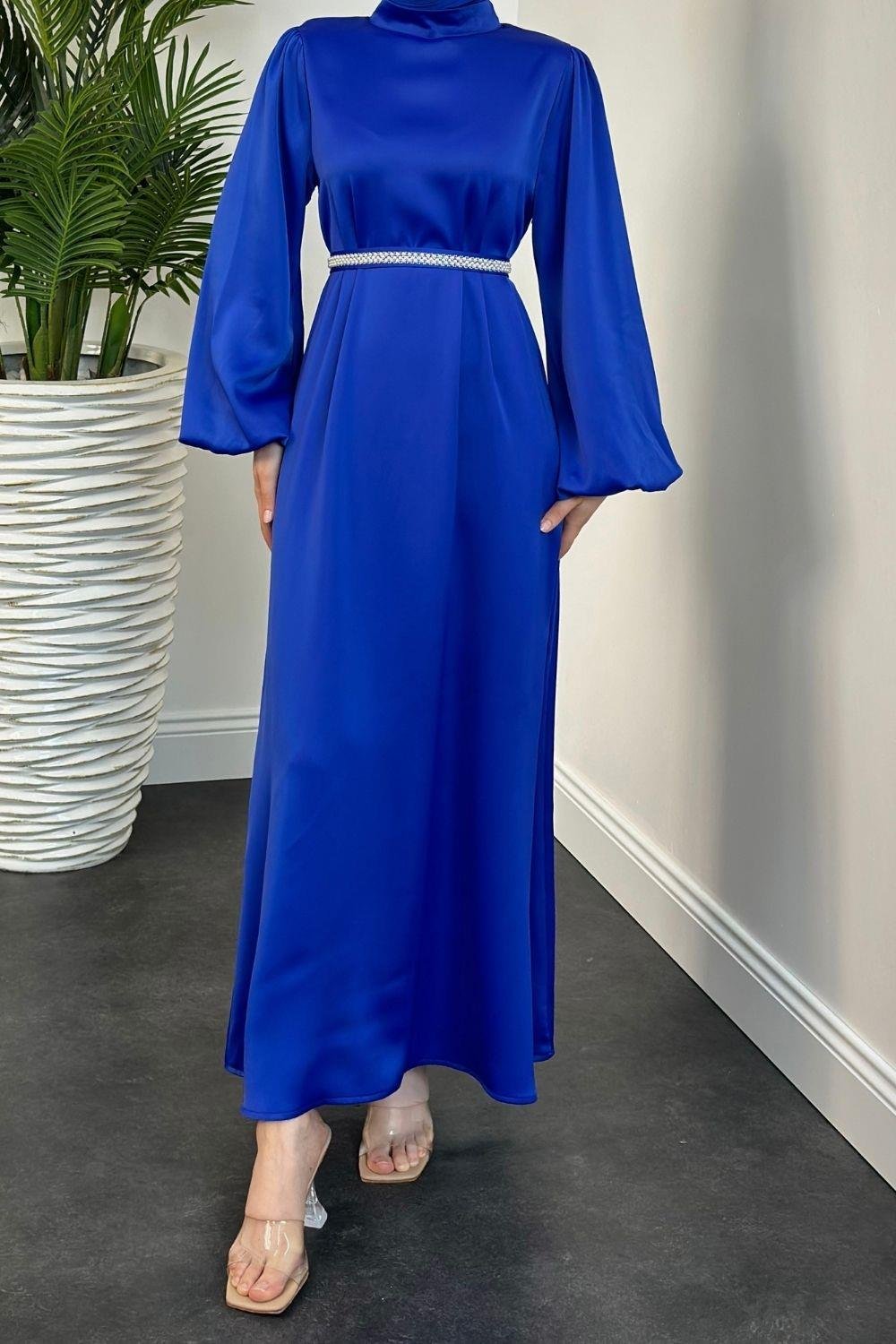 Almina Kemeri İncili Saten Abiye Saks 9545 