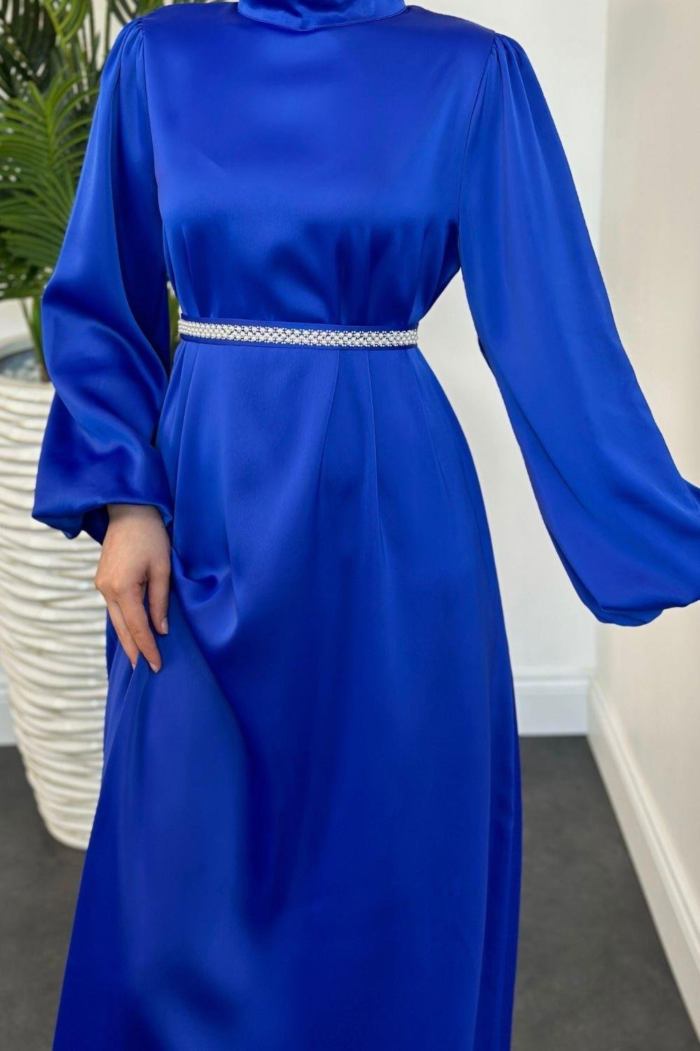 Almina Kemeri İncili Saten Abiye Saks 9545 