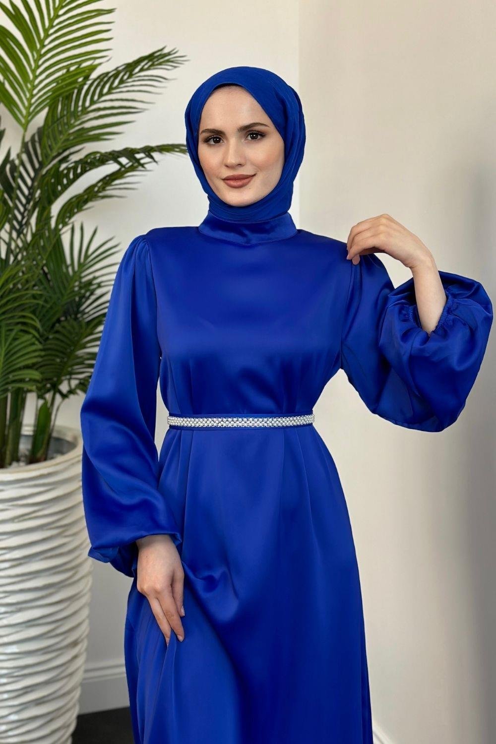 Almina Kemeri İncili Saten Abiye Saks 9545 