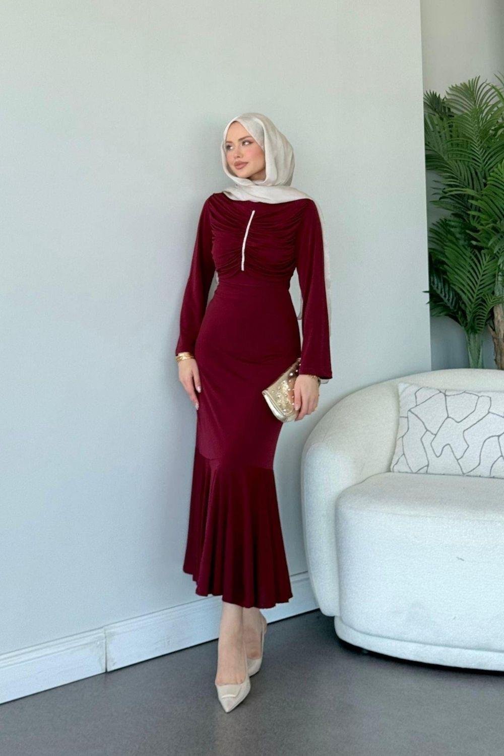 Sandy Taşlı Elbise Bordo 9612 