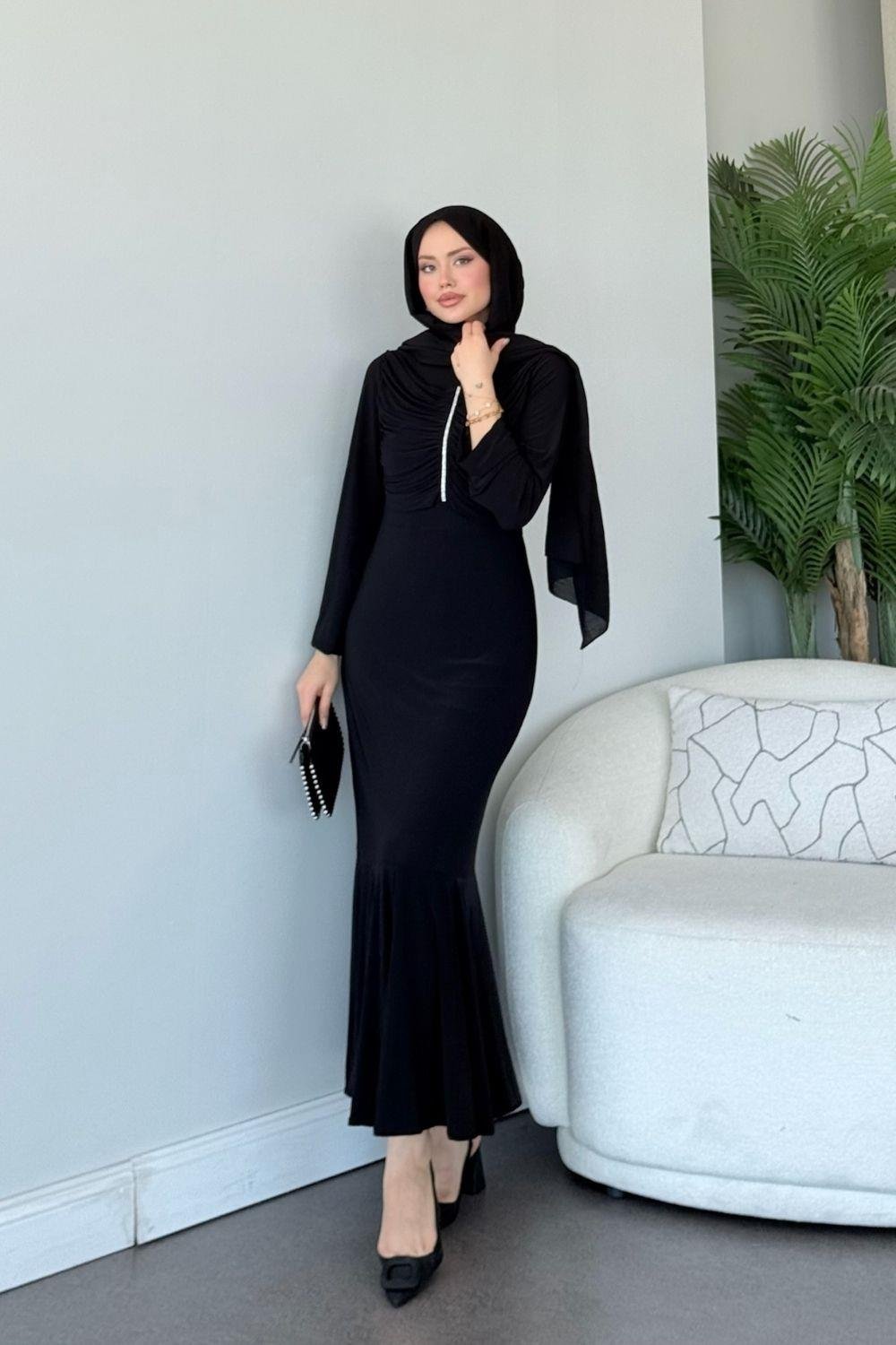Sandy Taşlı Elbise Siyah 9612 
