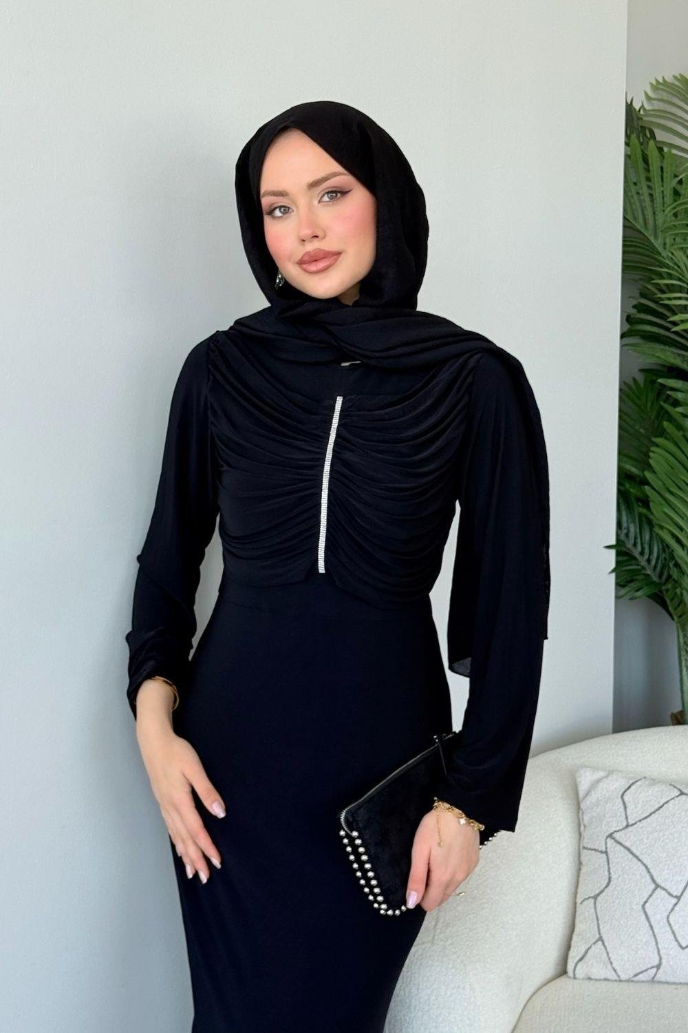 Sandy Taşlı Elbise Siyah 9612 