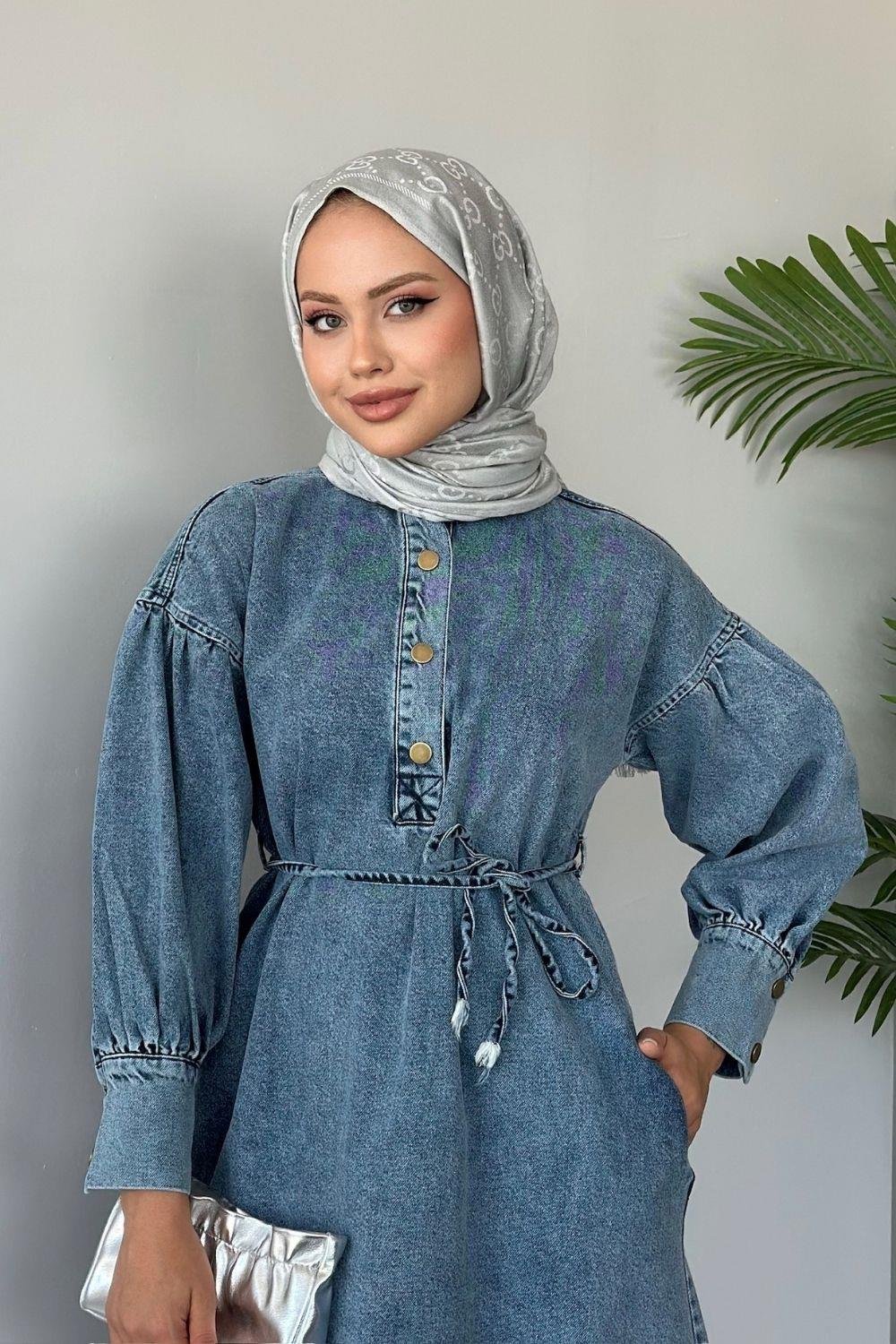 Balon Kol Kot Elbise Mavi 9632 