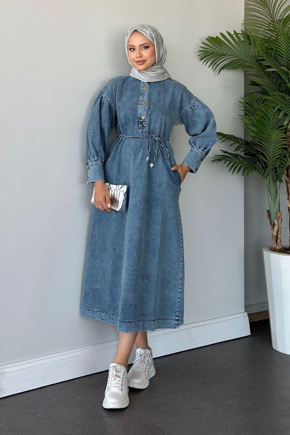 Balon Kol Kot Elbise Mavi 9632 