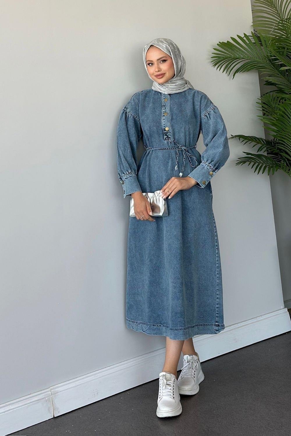 Balon Kol Kot Elbise Mavi 9632 