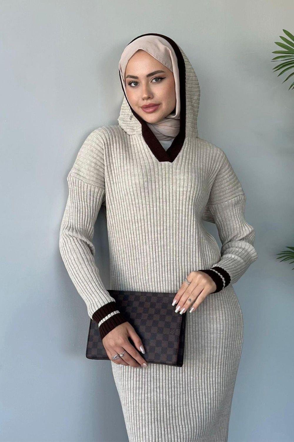 Selly Kapişonlu Triko Elbise Bej 96356 