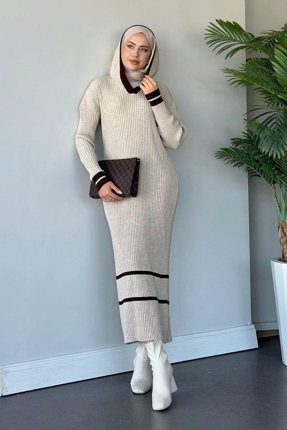 Selly Kapişonlu Triko Elbise Bej 96356 