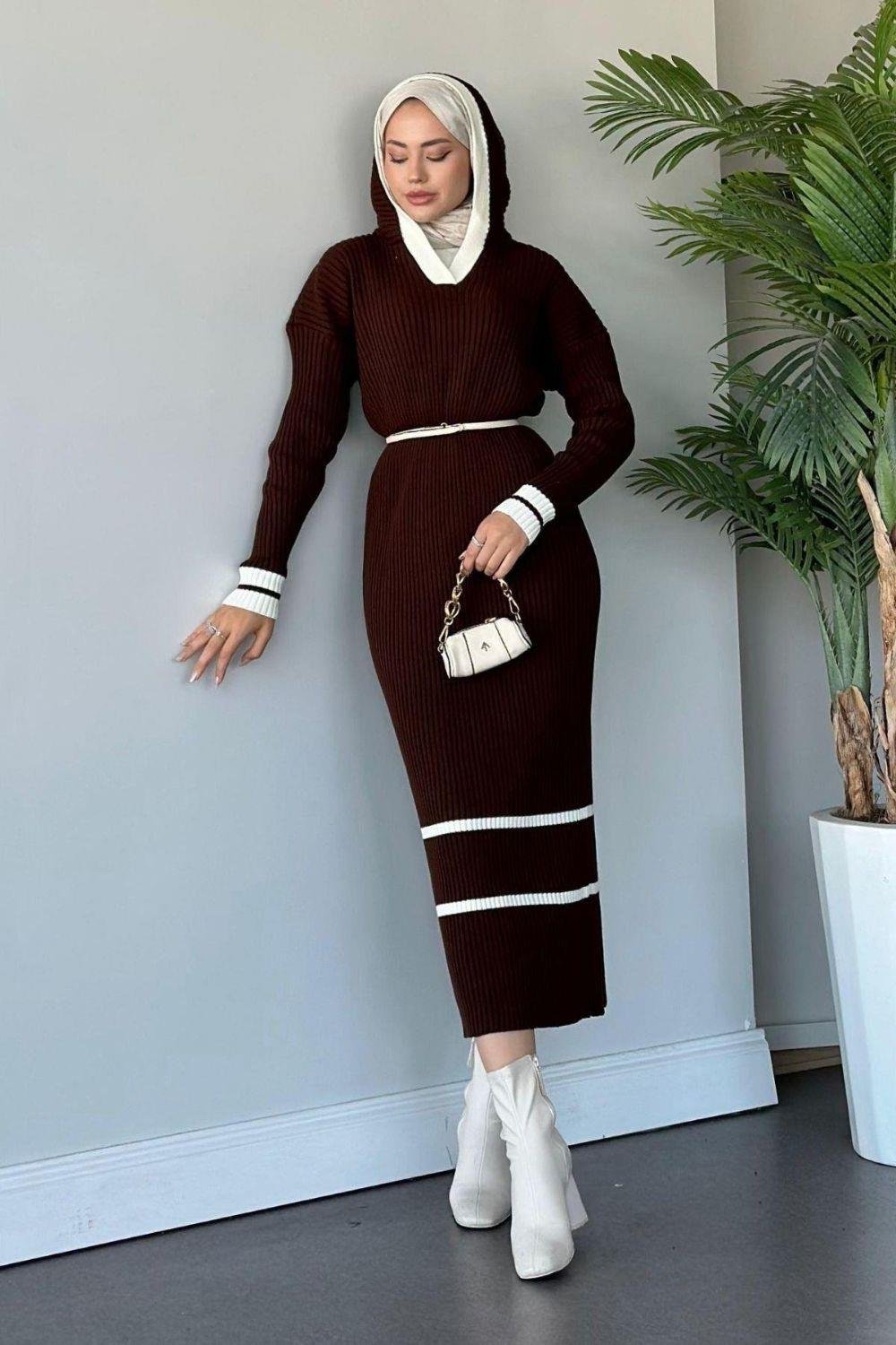 Selly Kapişonlu Triko Elbise Kahverengi 96356 