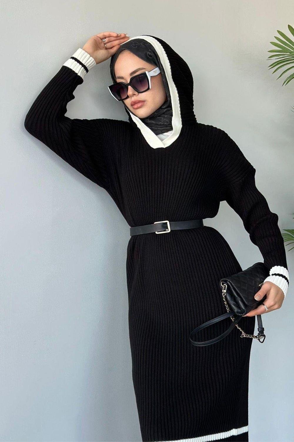 Selly Kapişonlu Triko Elbise Siyah 96356 