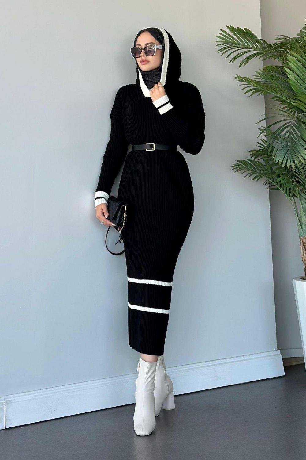 Selly Kapişonlu Triko Elbise Siyah 96356 