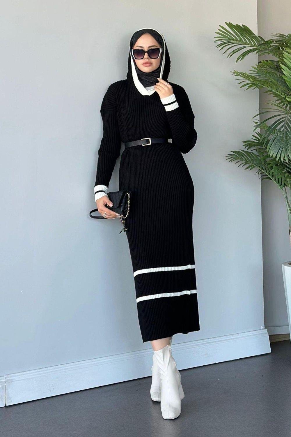 Selly Kapişonlu Triko Elbise Siyah 96356 