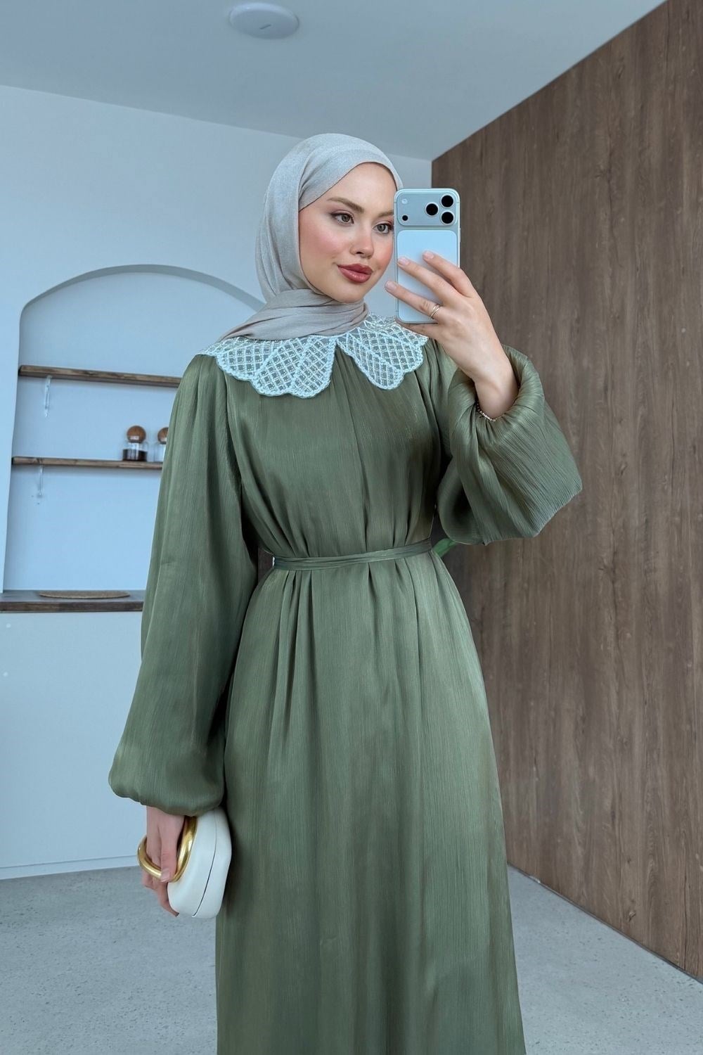 Wanda Dantel Yaka Elbise Haki 9667 