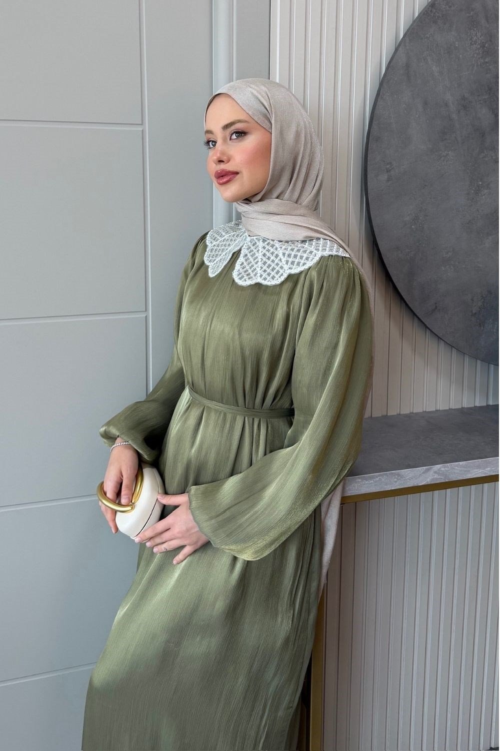 Wanda Dantel Yaka Elbise Haki 9667 