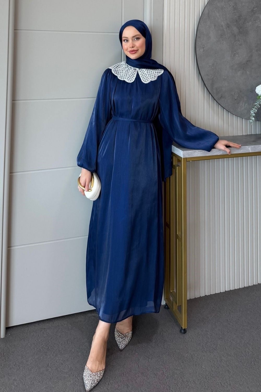 Wanda Dantel Yaka Elbise Lacivert 9667 