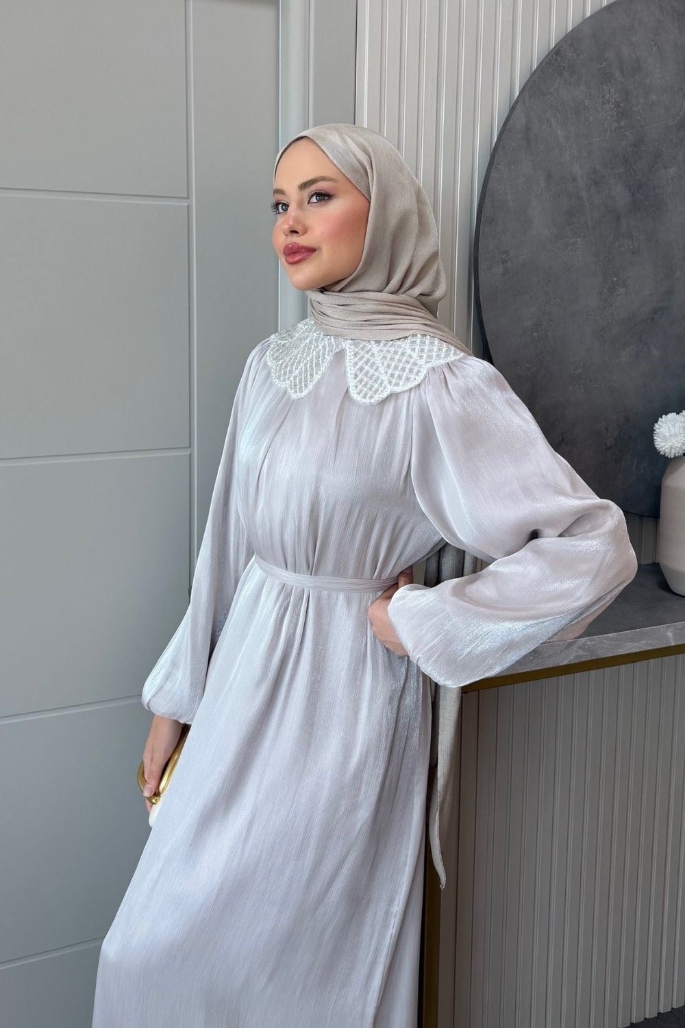 Wanda Dantel Yaka Elbise Taş 9667 
