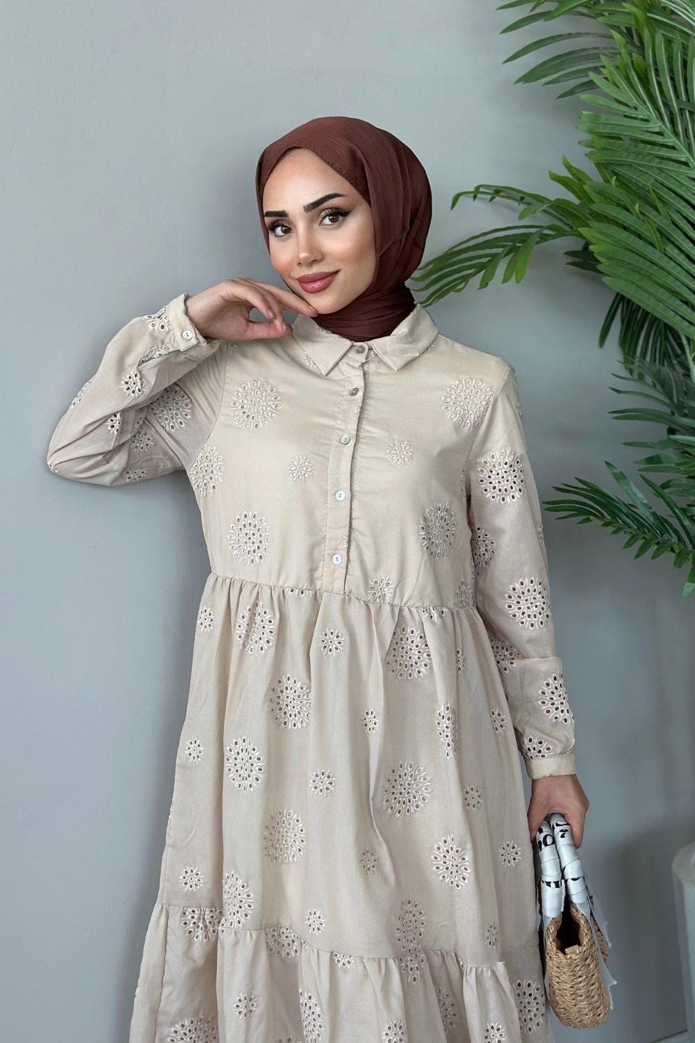 Güpürlü Elbise Bej 9818 