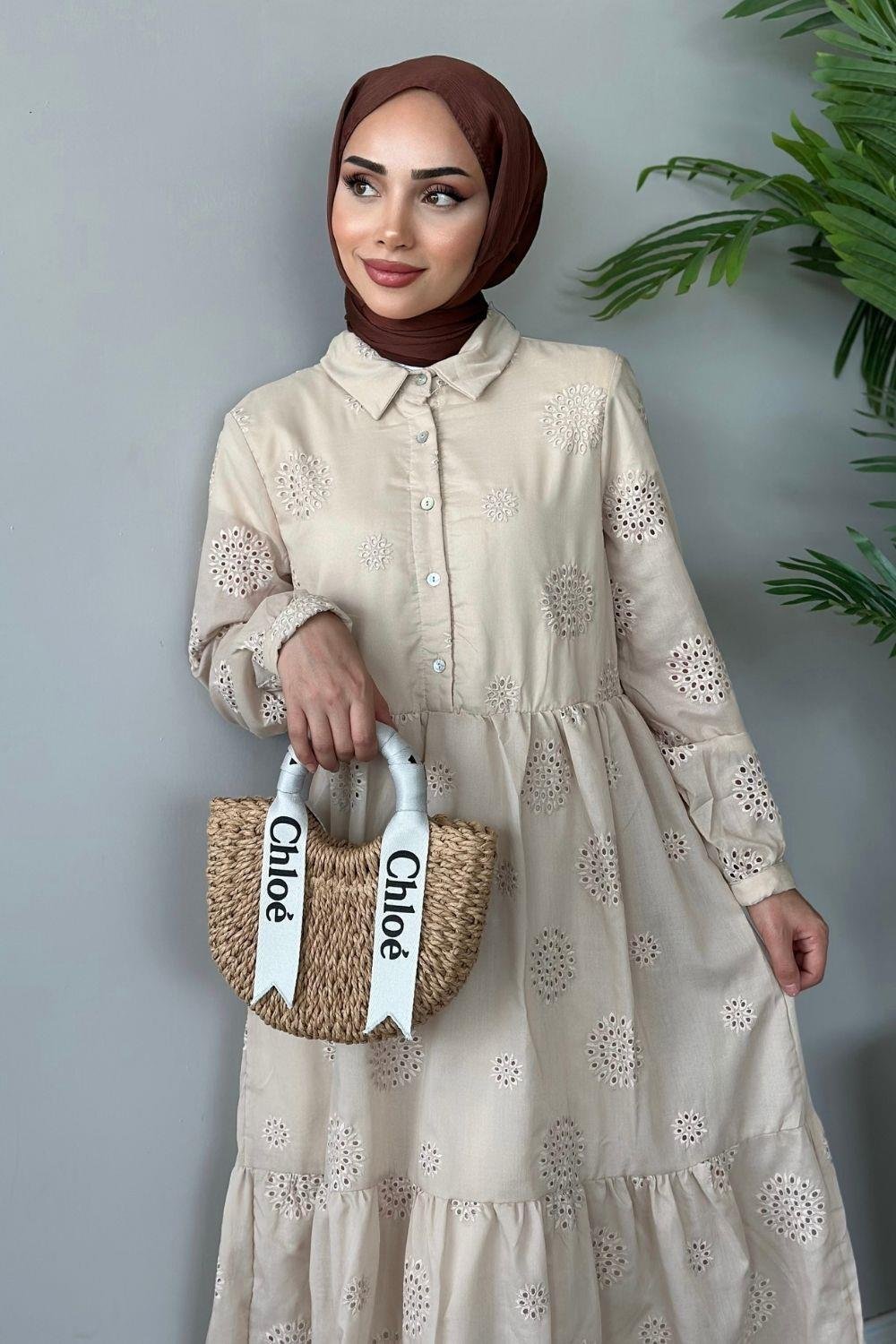 Güpürlü Elbise Bej 9818 