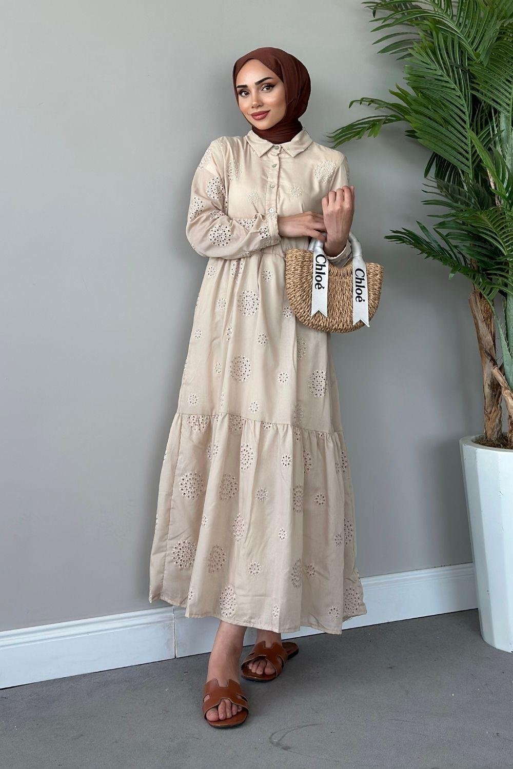Güpürlü Elbise Bej 9818 