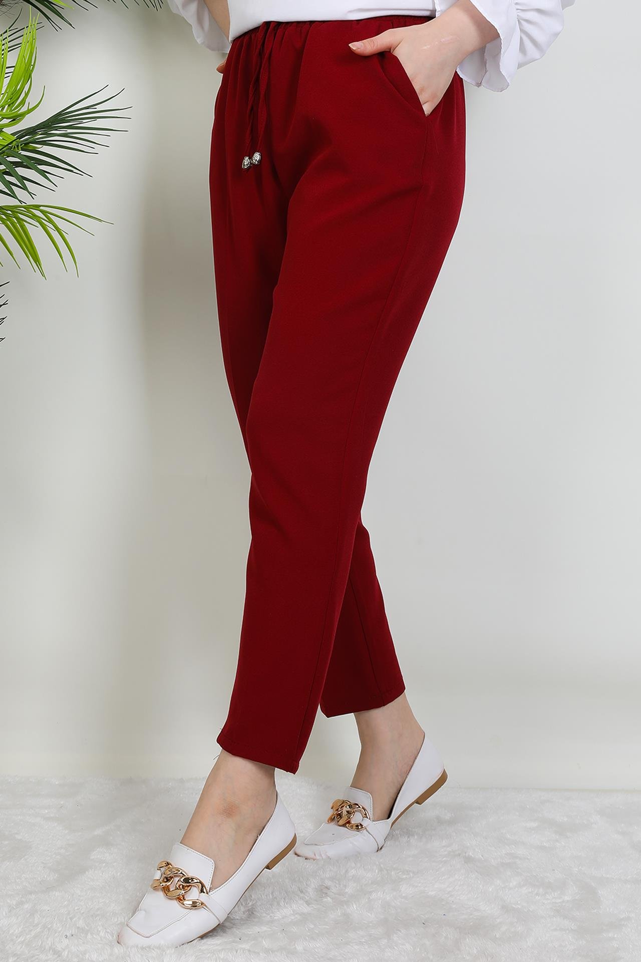Beli Lastikli Pantolon Bordo